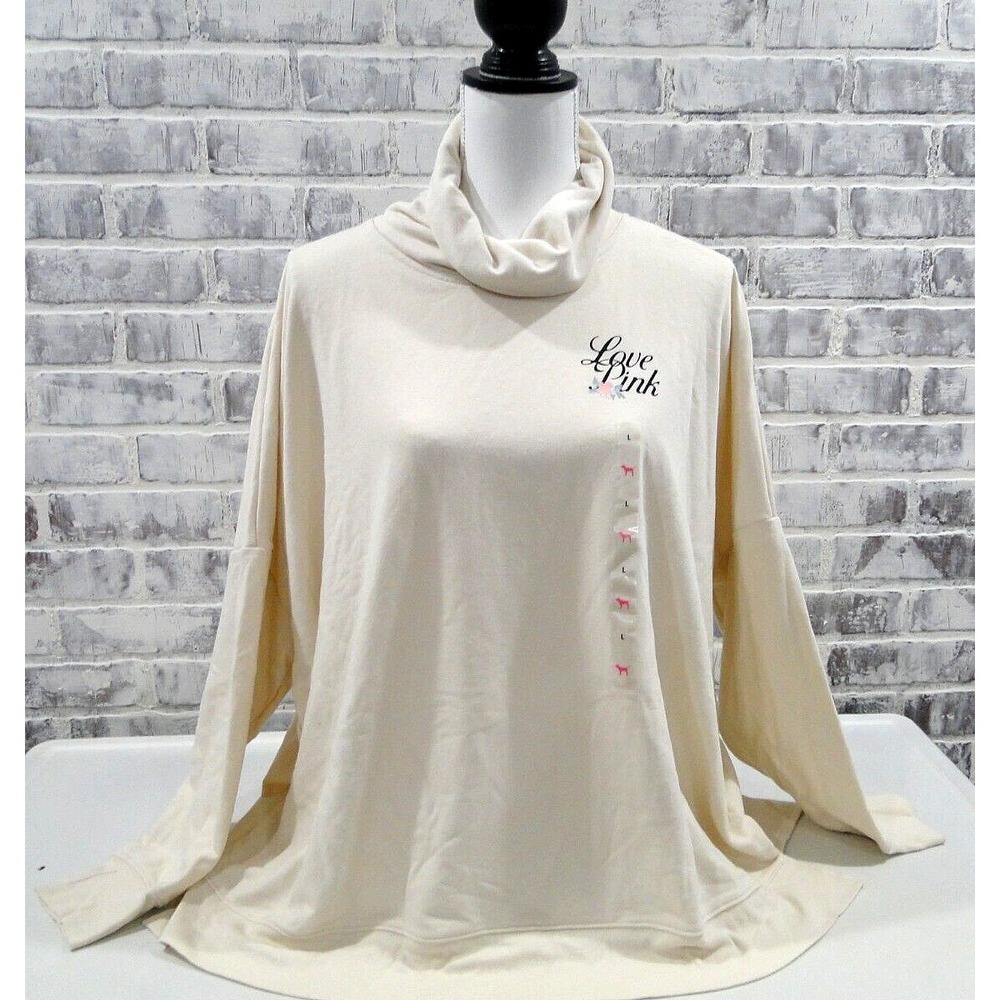 Victoria's Secret Pink Campus Cowl Neck Pullover Tunic Cream Love Pink Small New